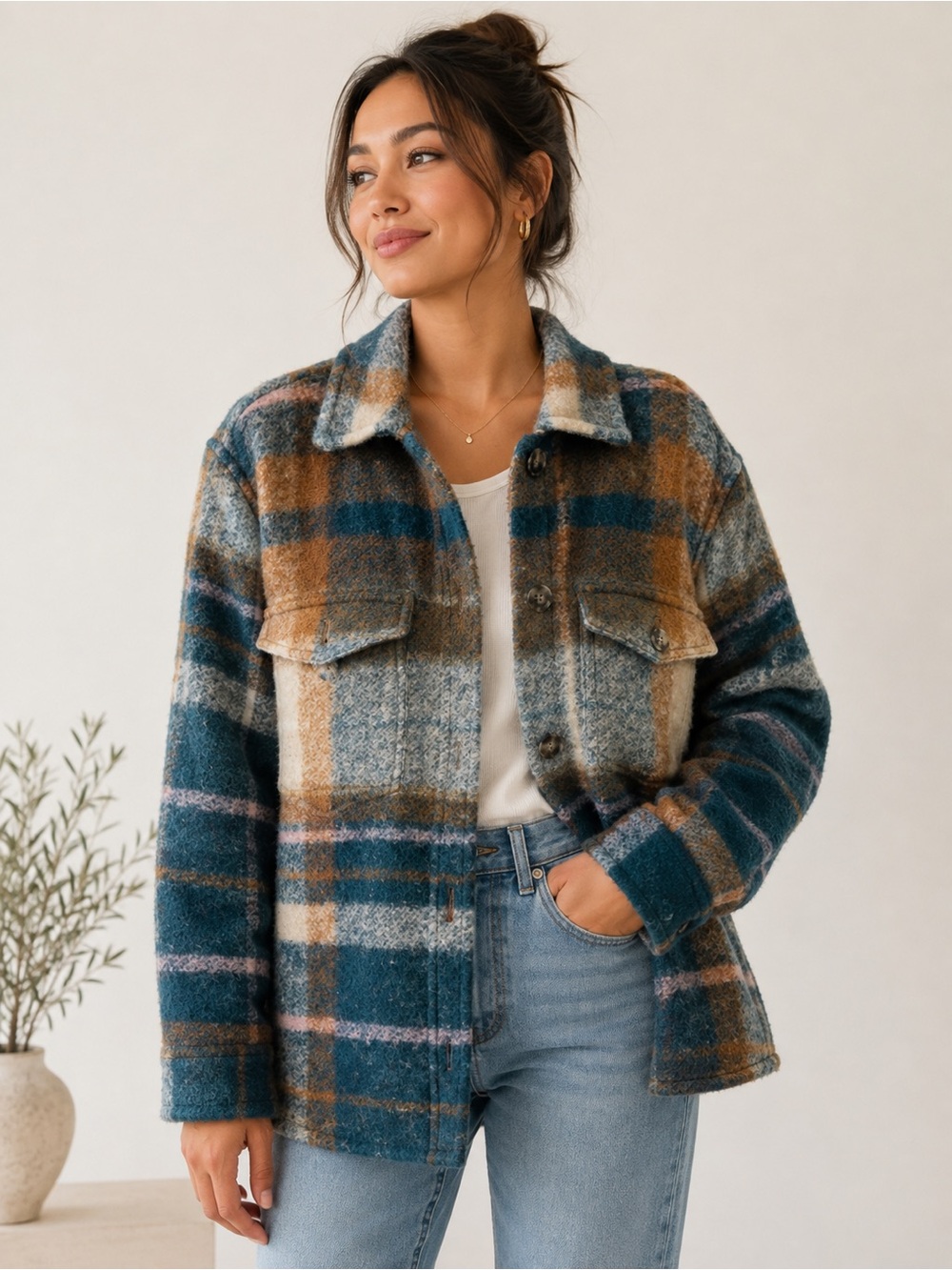Wilfred Plaid Shacket Jacket in Teal, Brown & Cream